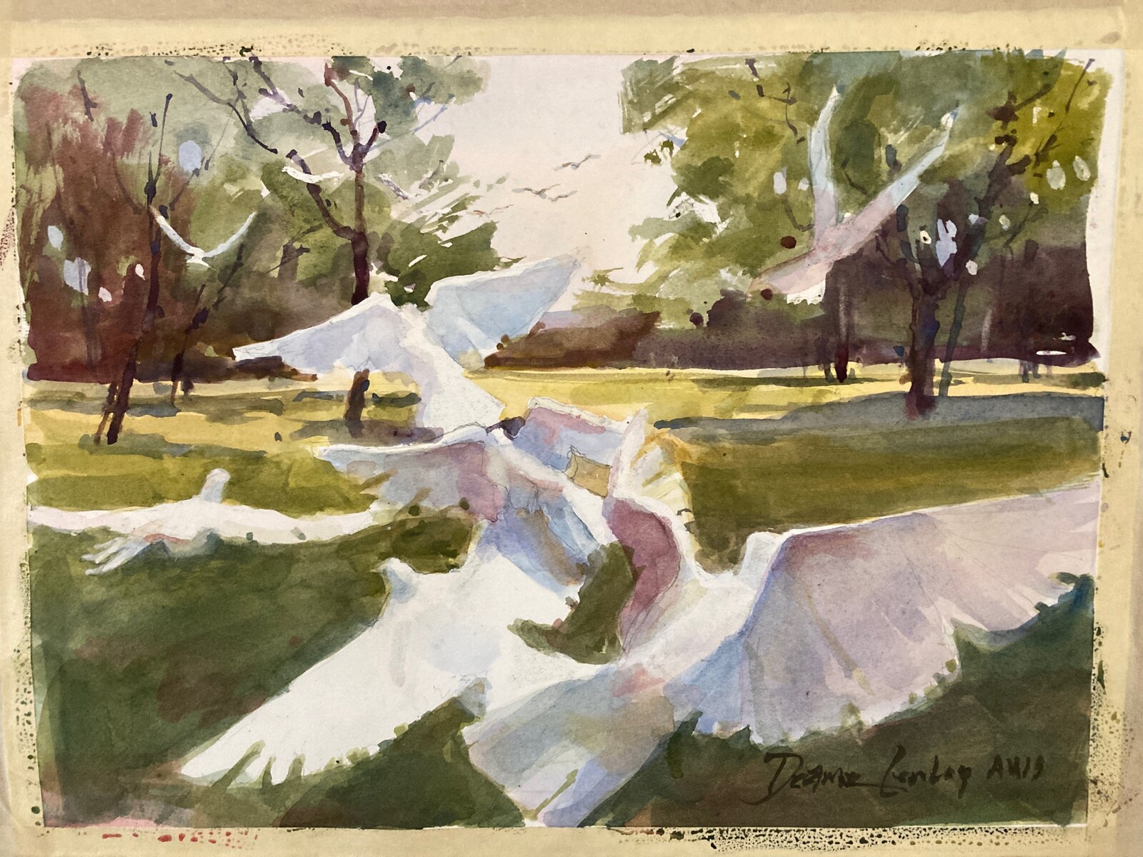 Painting of white doves in flight